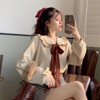 Áo Sơ Mi Nhung Tay Dài Cổ Peter Pan Phong Cách Pháp Retro Mẫu Mới 2021 Dành Cho Nữ