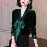 Áo Sơ Mi Nhung Vàng Nữ Thiết Kế Niche Cao Cấp Pháp Dài Tay Retro Vàng Nhung Top Nữ
