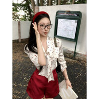 Áo sơ mi nơ phong cách retro Hồng Kông cho phụ nữ, thiết kế mùa thu, tay dài, áo chấm bi, cổ V satin YQ9X