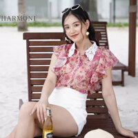 Áo Sơ Mi Nữ 𝑯𝑨𝑹𝑴𝑶𝑵𝑰 Phối Cổ Ren Đỏ 11039D