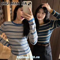 Áo sơ mi nữ Áo len dài tay sọc cổ tròn tương phản đi lại Hàn Quốc
