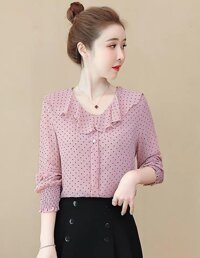 Áo Sơ Mi Nữ Áo Nữ Áo Kiểu Cổ Bèo Chấm Bi  42-65kg - N617  - HỒNG - L