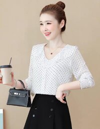 Áo Sơ Mi Nữ Áo Nữ Áo Kiểu Cổ Bèo Chấm Bi  42-65kg - N617  - TRẮNG - L