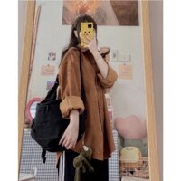 Aó sơ mi nữ ,áo sơ mi dài tay oversize form rộng thêu hình mặt cười chất vải nhung tăm nhiều màu - Be