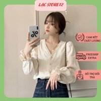 Áo sơ mi nữ, áo voan phối ren cổ chữ V tay bồng dịu dàng nữ tính