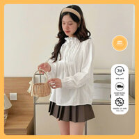 áo sơ mi nữ babydoll dài tay cổ  tròn bèo, áo sơ nữ dáng chui babydoll chất đũi hàn bánh bèo thắt dây nơ