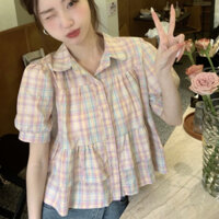 Áo sơ mi nữ búp bê kẻ sọc tay ngắn, sơ mi nữ kiểu tay ngắn caro phong cách dễ thương 6608