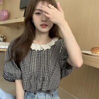 Áo sơ mi nữ caro nhí phối cổ ren vintage, áo sơ mi nữ trẻ trung free size phù hợp từ 45-55kg