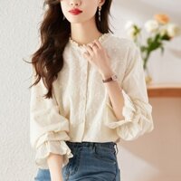 Áo sơ mi nữ chất liệu 100% cotton thêu hoạ tiết nổi phối cổ ren thanh lịch hàng Quảng Châu cao cấp size M-2XL