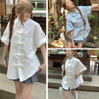 Áo sơ mi nữ cổ bẻ tay lỡ 2 màu trắng xanh phối nơ thiết kế freesize form rộng phong cách Hàn quốc trẻ trung