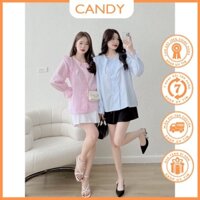 Áo sơ mi nữ cổ bèo tay bo chất đũi kẻ xốp kiểu dáng Vintage phong cách Hàn Quốc thời trang nữ CANDY SPA2