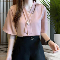 Áo sơ mi nữ cổ chữ V cỡ lớn phong cách Hàn Quốc- * & &
