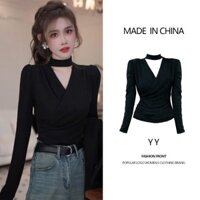 Áo sơ mi nữ cổ chữ v đáy màu đen cổ áo sơ mi nữ dáng ôm vừa vặn