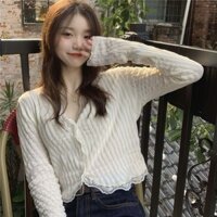 Áo sơ mi nữ cổ chữ V mùa xuân ren khâu giảm béo áo cardigan ngắn tay dài