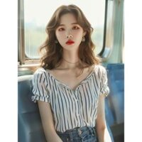 Áo sơ mi nữ cổ chữ V sọc mới thời trang và thon gọn với tay ngắn.