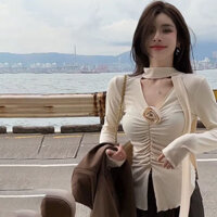 Áo Sơ Mi Nữ Cổ Chữ V Tay Dài 3D Hoa Màu Trơn Dây Cổ Chia Gấp Mỏng Áo