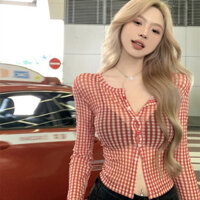 Áo Sơ Mi Nữ Cổ Chữ V Tay Dài Kẻ Sọc Nút Lưới Sợi Chống Nắng Slim Áo Crop Tops