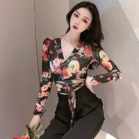 Áo Sơ Mi Nữ Cổ Chữ V Tay Dài Hoa Chồng Lên Dây Lưới Sợi Retro Mỏng Crop Tops