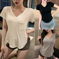 Áo sơ mi nữ cổ chữ V tay ngắn màu trơn sành điệu cho những ngày ấm áp
