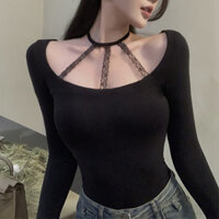 Áo sơ mi nữ cổ dài tay ren Hàn Quốc rỗng màu trơn Áo mỏng