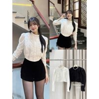 Áo sơ mi nữ cổ đính đá chất kaki chéo xếp li ngực bo chun eo