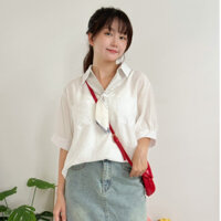 Áo sơ mi nữ cổ đức ngắn tay kèm khăn thắt nơ thanh lịch mặc đi học đi làm Maia