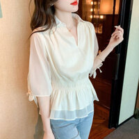 Áo sơ mi nữ cổ Đức voan tơ tay lỡ bo chun tôn eo xoè bồng mẫu basic tiểu thư xinh, mẫu vintage công sở HQ