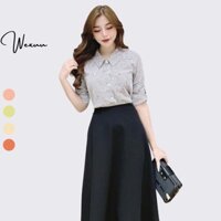 Áo sơ mi nữ cổ sen kẻ caro phối họa tiết WEXUU thiết kế dáng suông tay lỡ công sở - BS11