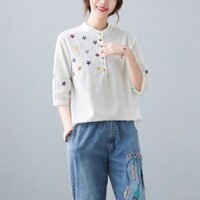 Áo sơ mi nữ cổ tàu chất đũi phối cúc nhiều màu (SP18)