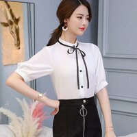 Áo sơ mi nữ cổ trụ kèm dây thắt nơ sm45 - xl,trắng