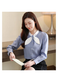 Áo sơ mi nữ cổ trụ phối màu Nana - Xám xanh - XL