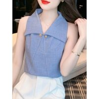 Áo sơ mi nữ có ve áo cao cấp không tay Nữ thần Yujie Fan áo sơ mi sang trọng top 2503H09