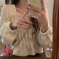 Áo sơ mi nữ cổ vuông dài tay xếp ly thanh lịch nữ tính xinh xắn