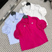 Áo Sơ Mi Nữ Cộc Tay Đính Hoa Hồng, Dáng Croptop, Thô, Mềm Mịn, Thoáng Mát, NM82585