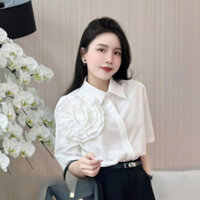 Áo Sơ Mi Nữ, Cộc Tay Đuôi Tôm Đính Bông Hoa Hồng Đắp Nổi, Thô Nến, Mềm Mịn, Thoáng Mát, CNM70985
