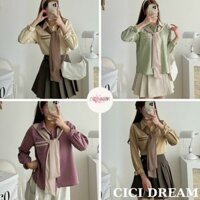 Áo sơ mi nữ cộc tay kèm khăn choàng liền thân thiết kế cổ đức một túi phong cách công sở đi học đi làm
