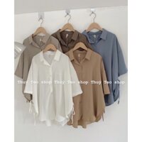 Áo sơ mi nữ cộc tay lụa mango thắt nơ eo - Áo sơ mi nữ trơn chất đẹp