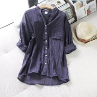 Áo sơ mi nữ công sở, áo sơ mi 2 túi, áo sơ mi vải đũi thoáng mát phù hợp cho mùa hè HB172 - xanh đen - L