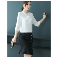 Áo Sơ Mi Nữ Công Sở Kiểu Tay Lỡ Cổ Cột Nơ