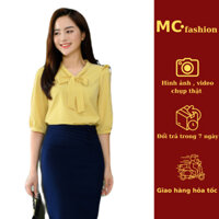 Áo sơ mi nữ công sở lỡ tay caro thắt nơ MC Fashion chất siêu lụa mềm mại kiểu lỡ tay màu vàng, xanh ta 1101