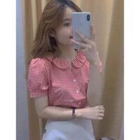 Áo Sơ Mi nữ công sở thời trang  SURI Caro xốp đen đỏ Tay Ngắn Dáng Rộng Kẻ Sọc Kiểu Hàn Quốc-CARODENDOND
