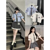 Áo sơ mi nữ croptop cộc tay THOM icon chó sang chảnh kèm cà vạt, áo sơ mi kiểu A239 Rosie Dream Shop