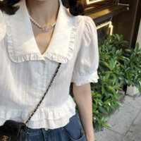 Áo sơ mi nữ croptop cộc tay phối 2 TẦNG BÈO màu trắng mẫu trơn basic HQ