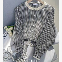 Áo Sơ Mi Nữ Dài Tay Cổ Tròn Sọc Caro Thời Trang Hàn Quốc