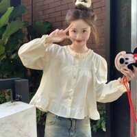 Áo sơ mi nữ dài tay cổ tròn phối ren, dáng babydoll hai màu pastel dễ thương
