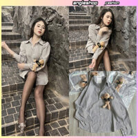 Áo sơ mi nữ dài tay form dáng rộng, hoạ tiết kẻ hot hit, phối gấu xinh xắn, dễ thương