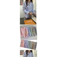 Áo sơ mi nữ dài tay form rộng kẻ sọc pastel thêu họa tiết ngực đi học đi chơi học sinh sinh viên trẻ trung T565G