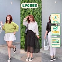 Áo sơ mi nữ dài tay vải đũi gân dáng đuôi tôm hoạ tiết kẻ sọc basic có big size Lychee Lady Store #91