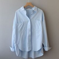 Áo sơ mi nữ dài tay vạt cong xẻ tà chất thô kiểu hàn quốc