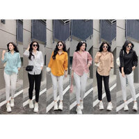 Áo sơ mi nữ dài tay vạt tôm đũi thô nhiều màu mềm mát - XANH NGỌC